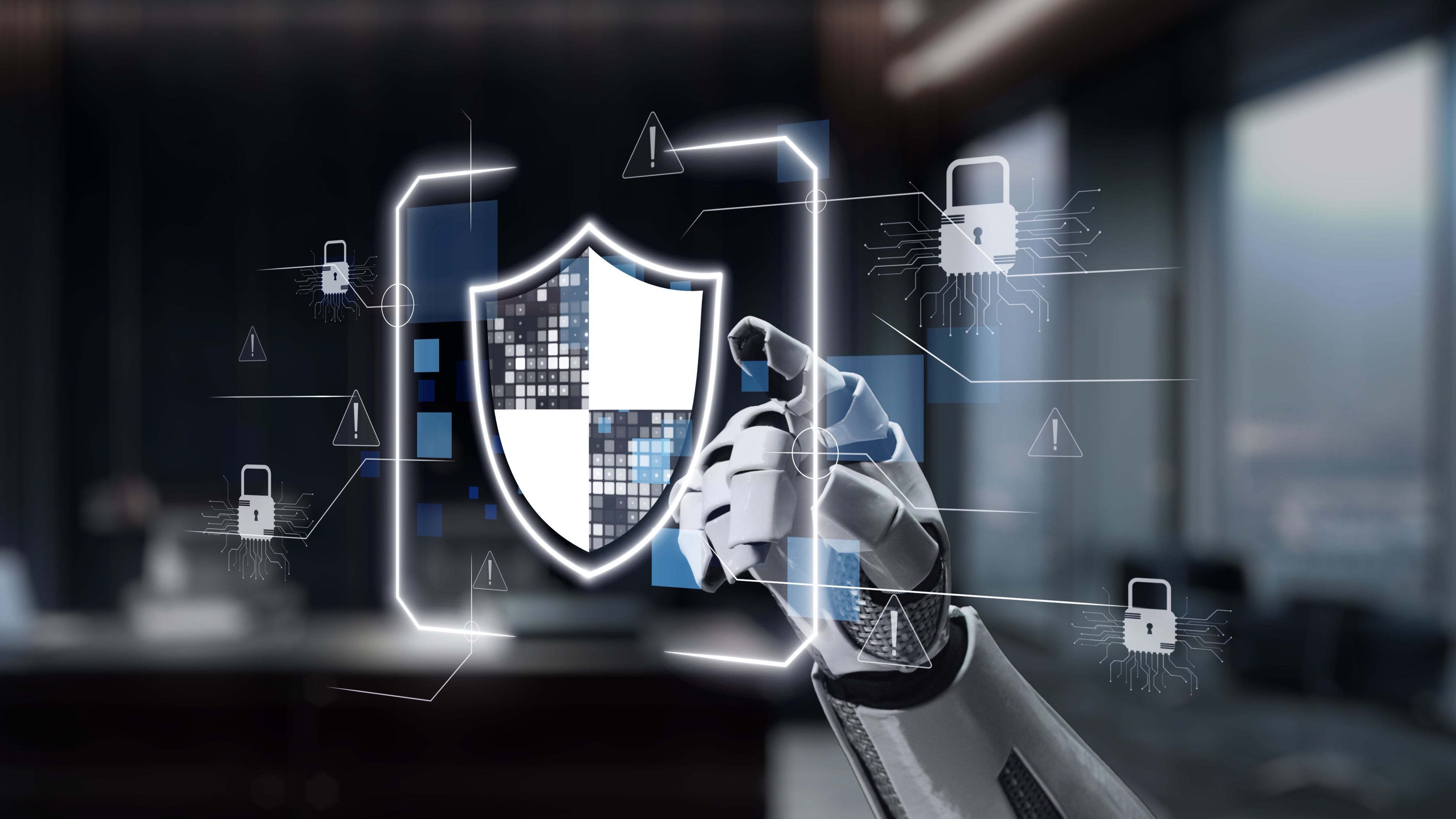 Enterprise protection Black Glazier futuristic robot arm engaging with a digital security shield in a modern office