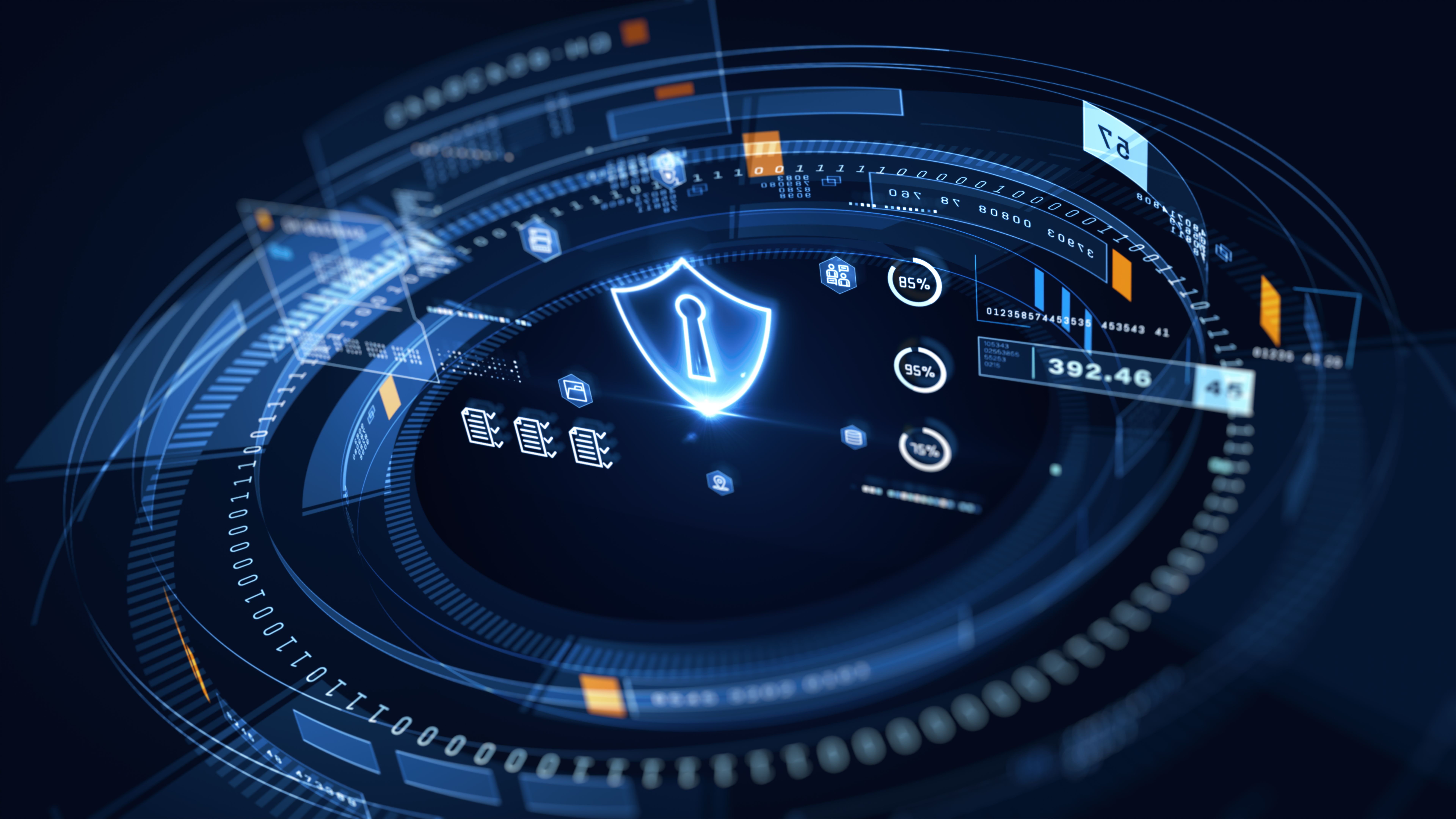 Real-time monitoring Black Glazier modern cybersecurity interface with digital shield, metrics, and encryption status indicators